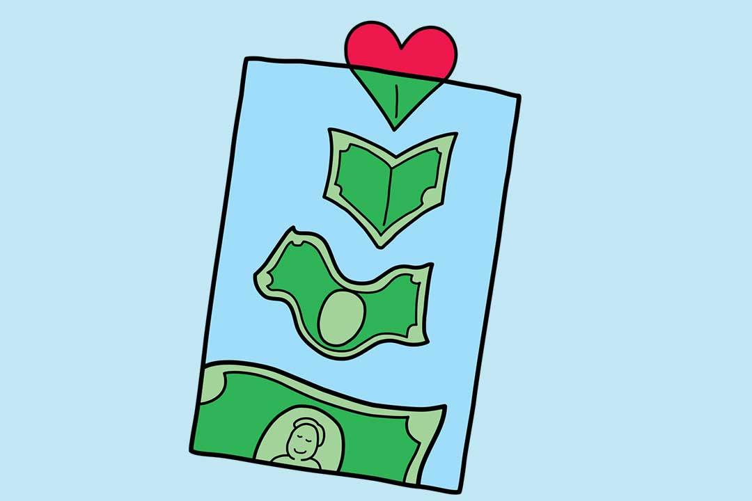 Geld gaat in een zak met een hart dat verandert in een dollarbiljet