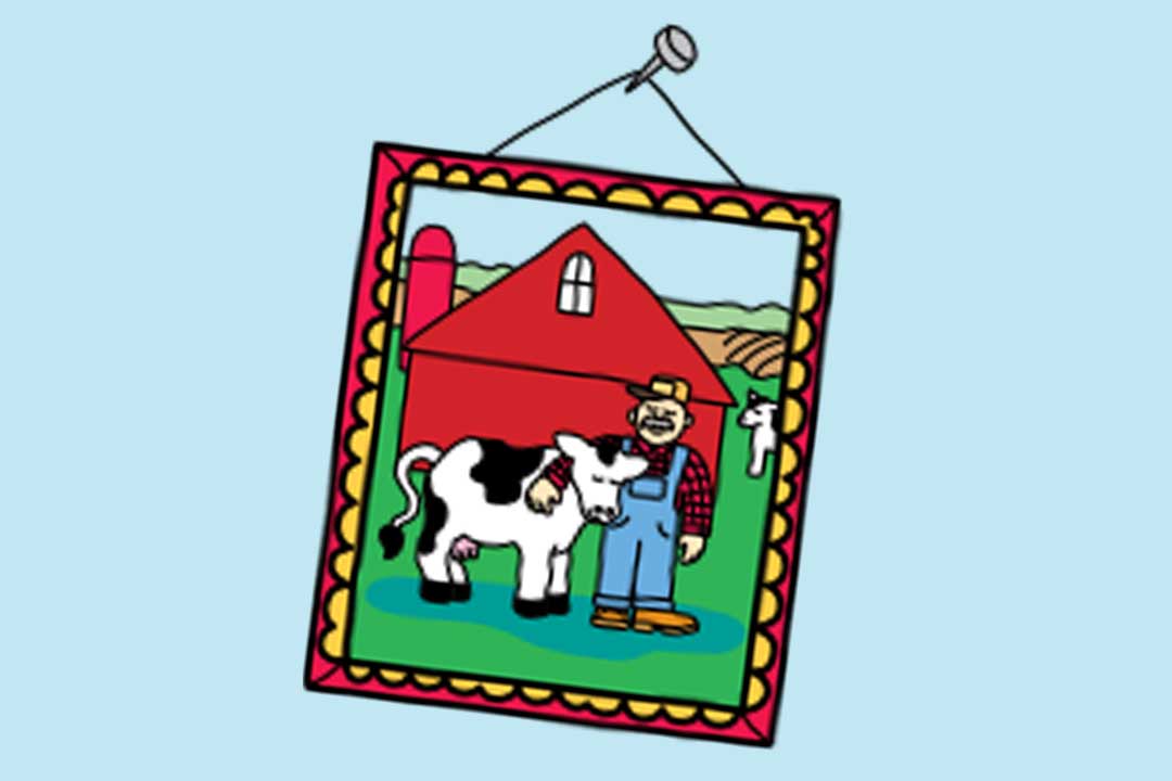 Een foto van een boer die zijn koe omhelst