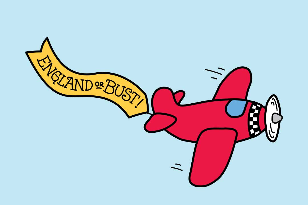 Vliegtuig vliegt met spandoek met de tekst ‘Engeland or Bust’